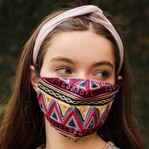 Boho Face Mask Zig-Zag Embroidered Reuseable